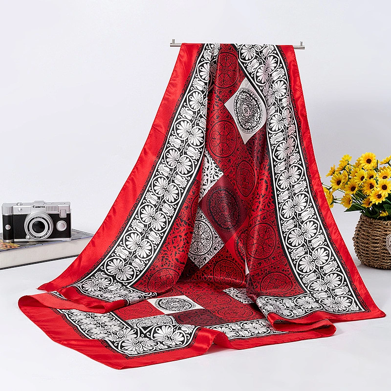 Silk square scarf middle-aged lady oversized wild decoration lattice circle print silk scarf shawl