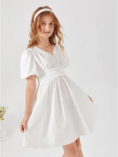 MERRY Teen Girls Ruched Puff Sleeve Flare Dress
