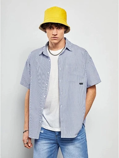 MERRY Men Vertical Striped Patched Pocket Drop Shoulder Shirt