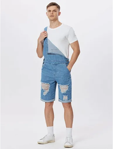 MERRY Men Ripped Rolled Hem Denim Overall Without Tee