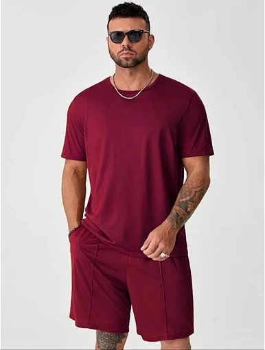 MERRY Extended Sizes Men Solid Tee & Slant Pocket Shorts