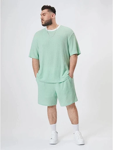MERRY Extended Sizes Men Contrast Trim Drop Shoulder Tee & Drawstring Waist Shorts