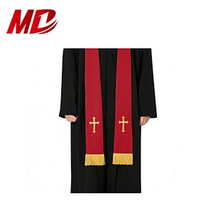 Maroon and White Gold Band Piping Reversible Clergy Stole with Cross