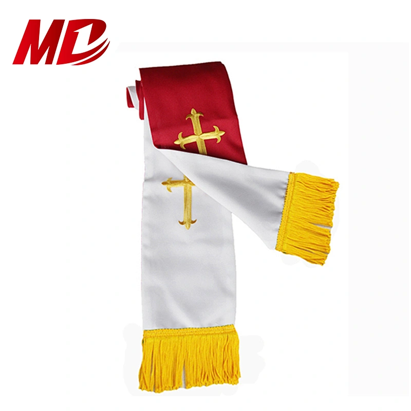 Maroon and White Gold Band Piping Reversible Clergy Stole with Cross