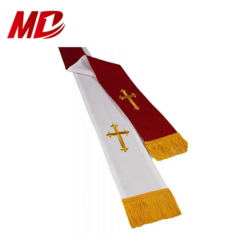 Maroon and White Gold Band Piping Reversible Clergy Stole with Cross