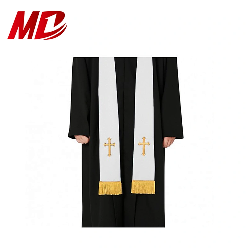 Maroon and White Gold Band Piping Reversible Clergy Stole with Cross