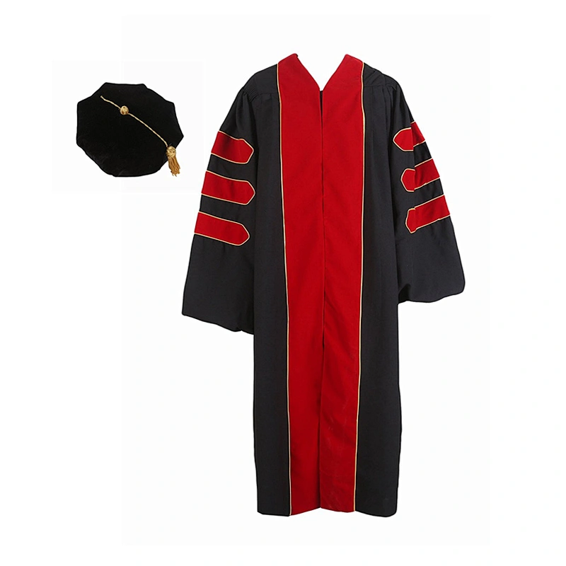 High Quality Black With Red College University  Doctoral Graduation Caps and Gowns