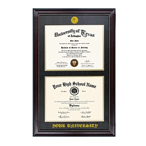 Cherry Wood Color Gold dot Finish Double Certificate Diploma Graduation Picture Frame with Gold Medallion