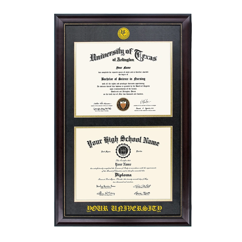 Cherry Wood Color Gold dot Finish Double Certificate Diploma Graduation Picture Frame with Gold Medallion