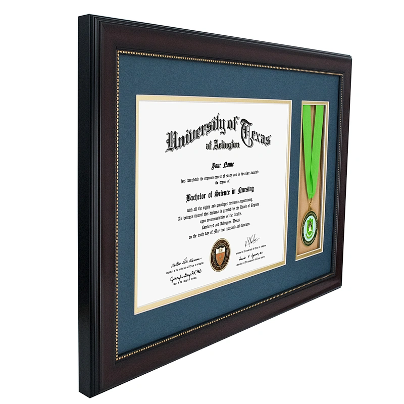 Cheap 8.5x11 Graduation Medal Diploma Certificate Frame with cherry wood gold dot finish
