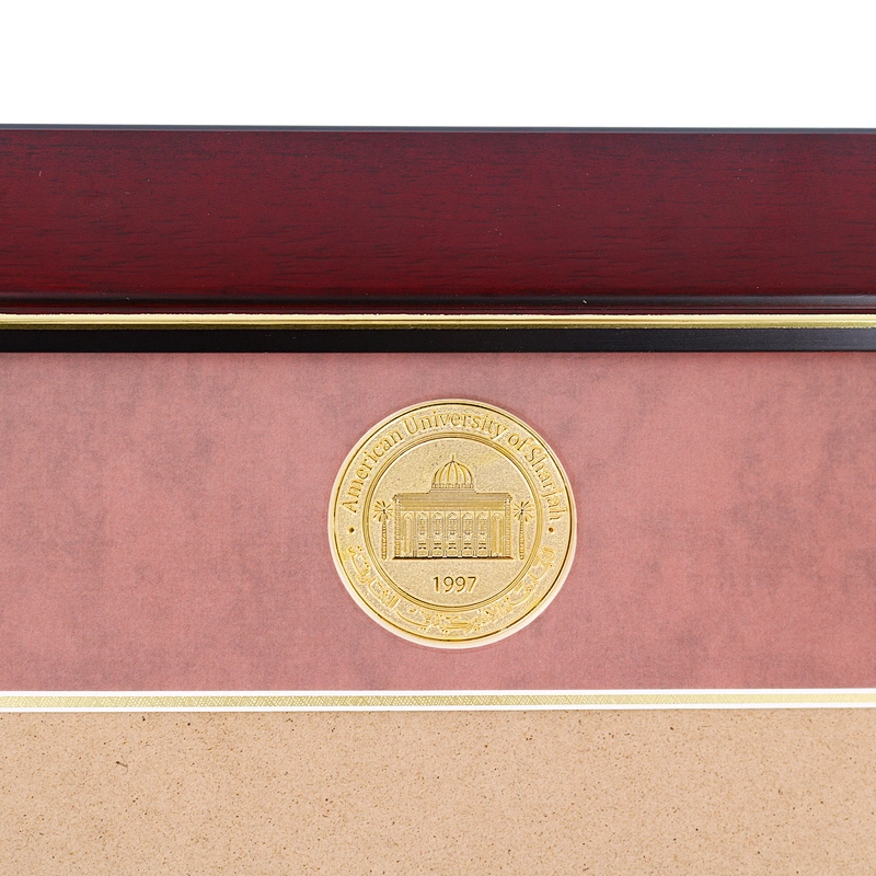 Classic Cherry Red Wood Diploma Frame Wholesale with Medallion Holder and Institute Name Gold Foiling
