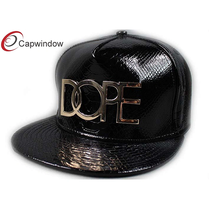 Black Snak Skin Shiny Leather Hip Hop Baseball Caps With Gold Metal Logo