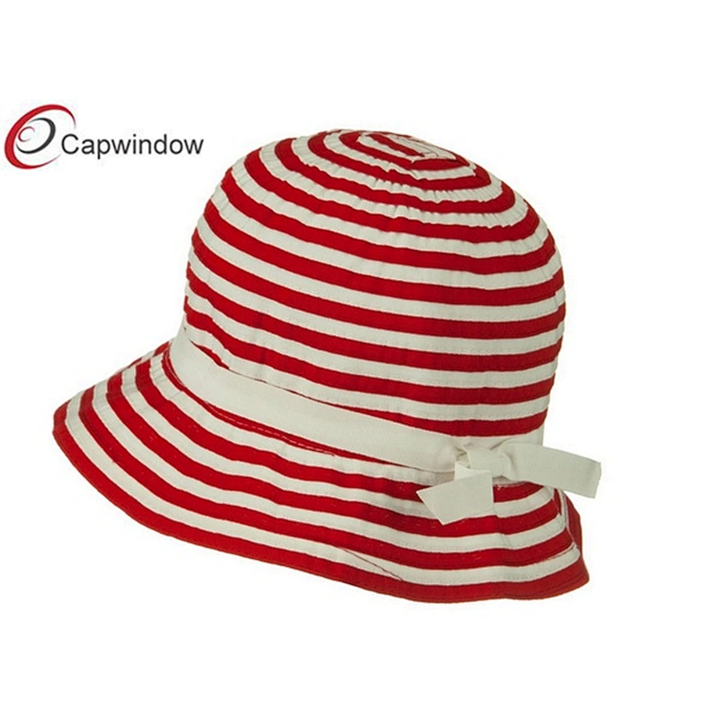 Red Sewn Braid Woman's Bucket Hat with Stripe