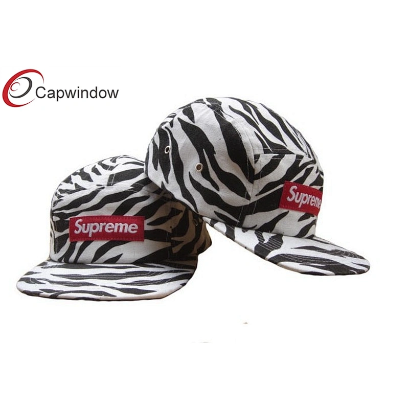Allover Zebra Printed 5 Panel Camper Cap With Flat Embroidery Logo