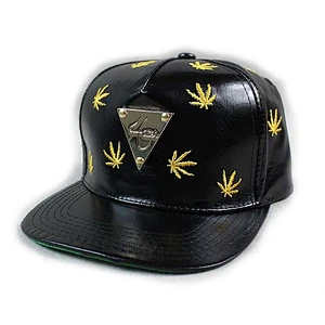 Gold Metal Logo Fitted Baseball Hats With Embroidery Black Shiny Leather