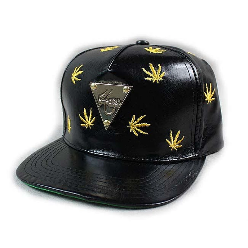Gold Metal Logo Fitted Baseball Hats With Embroidery Black Shiny Leather