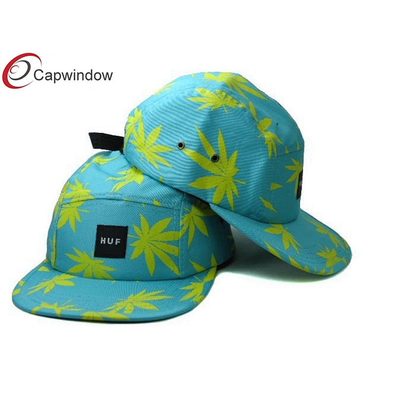 Allover Leaves Printed 5 Panel Camper Cap With Woven Label Logo On Front