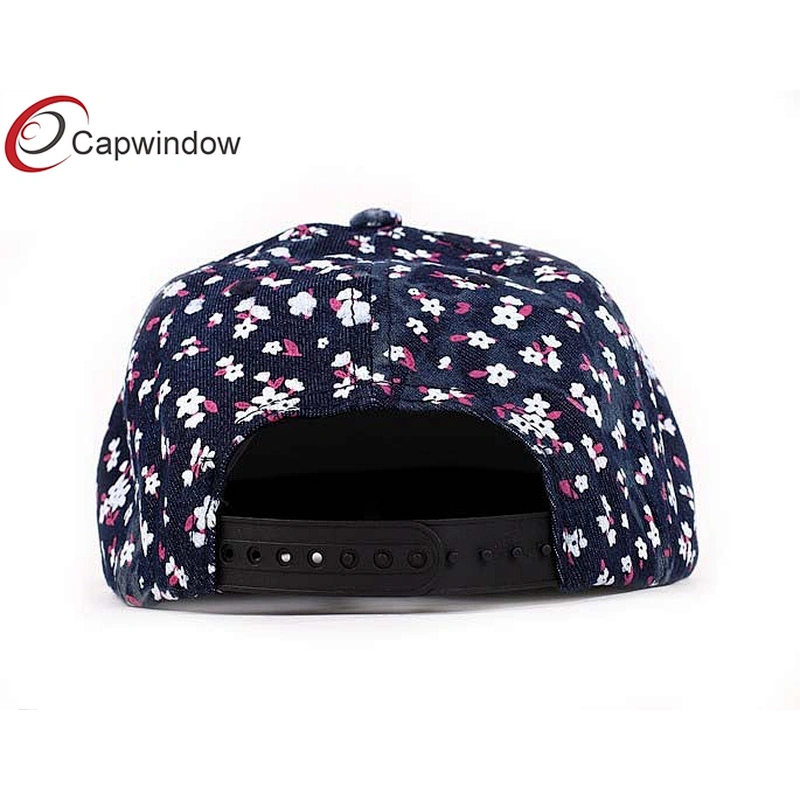 Colored Flower Printing Flat Brim Snapback Hats With Washed Denim Fabric