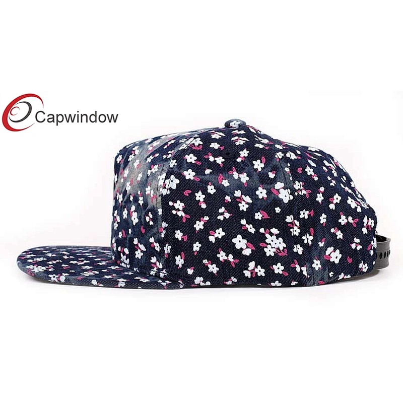 Colored Flower Printing Flat Brim Snapback Hats With Washed Denim Fabric