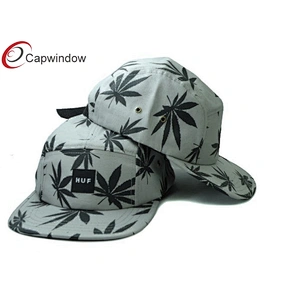 Allover Leaves Printed 5 Panel Camper Cap With Woven Label Logo On Front