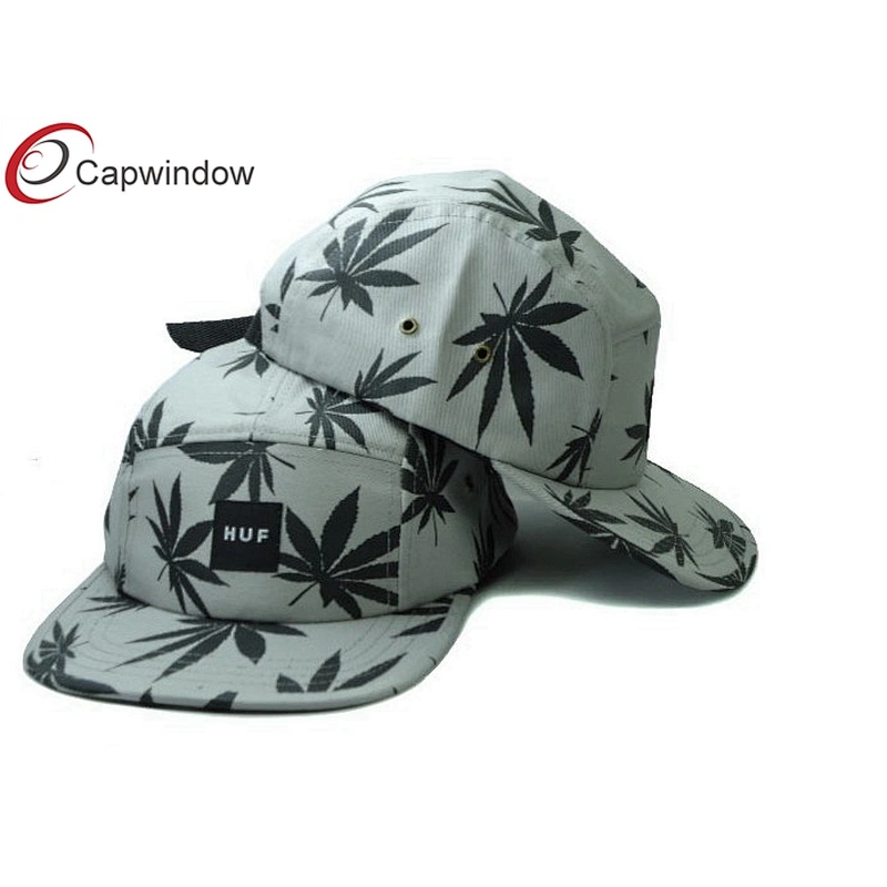 Allover Leaves Printed 5 Panel Camper Cap With Woven Label Logo On Front