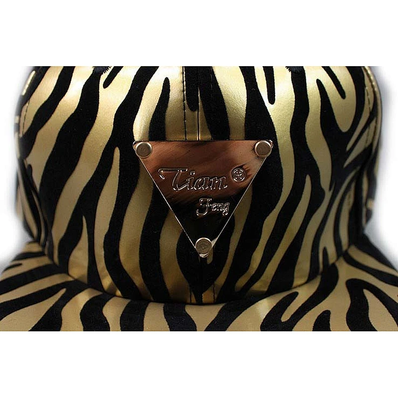 Gold Zebra Pattern Printing Flat Brim Baseball Hats With Gold Matel Logo