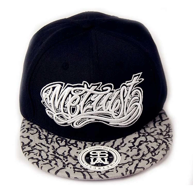 Black Printing Pattern Flat Brim Baseball Hats With 3D Embroidery