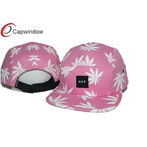 Allover Leaves Printed 5 Panel Camper Cap With Plastic Release Buckle Closure