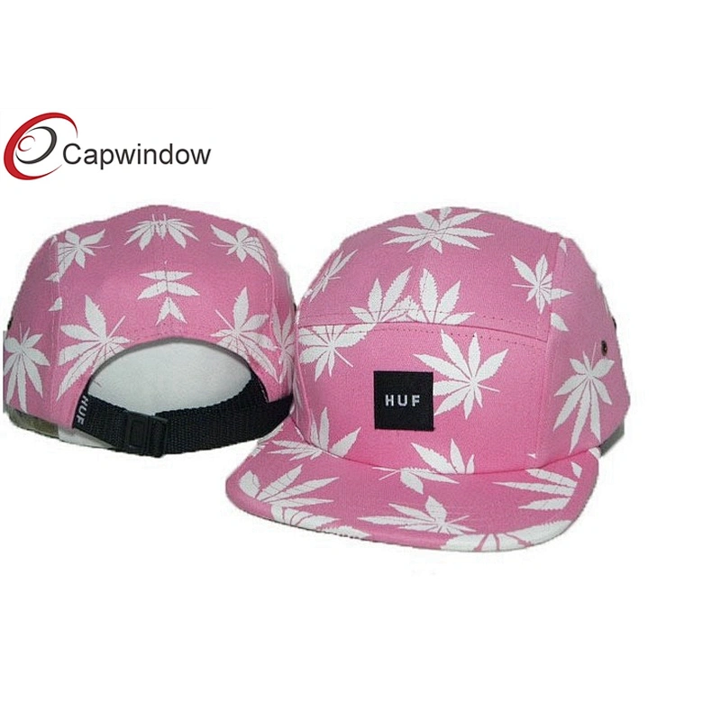 Allover Leaves Printed 5 Panel Camper Cap With Plastic Release Buckle Closure