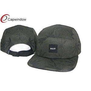 Allover Leaves Printed 5 Panel Camper Cap With Plastic Release Buckle Closure