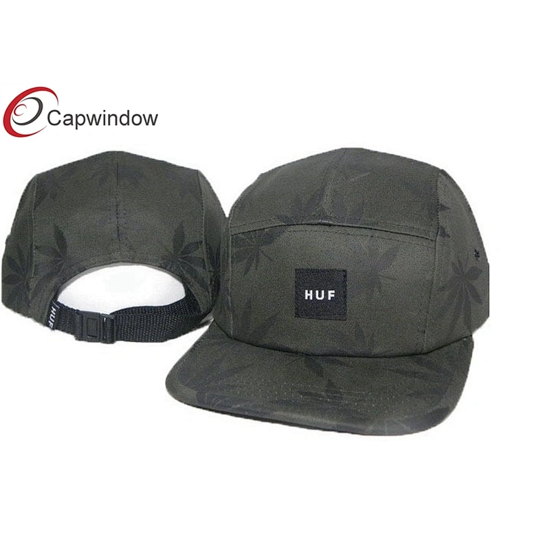 Allover Leaves Printed 5 Panel Camper Cap With Plastic Release Buckle Closure
