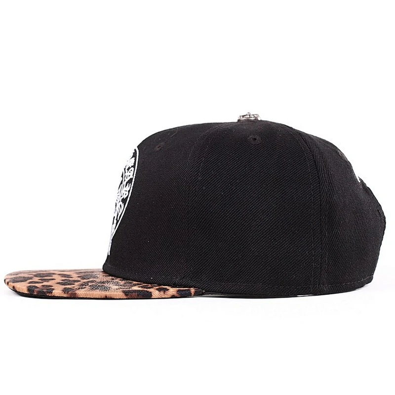 Leopard-Print Leather Peak Snapback Cap With Metal Top Button