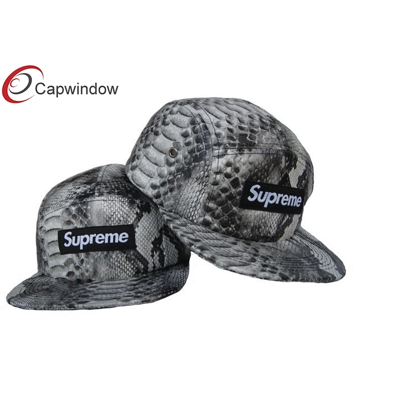 Allover Snakeskin Leather 5 Panel Camper Cap With Woven Label Logo On Front