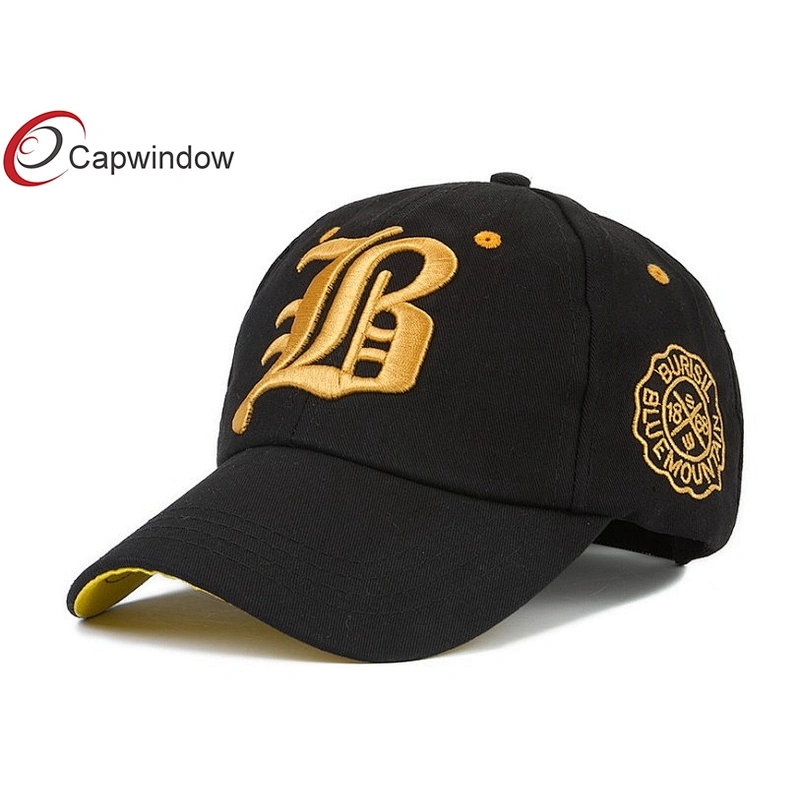 Gold 3D Embroidery Cotton Baseball Caps With Stone Washed Fabric