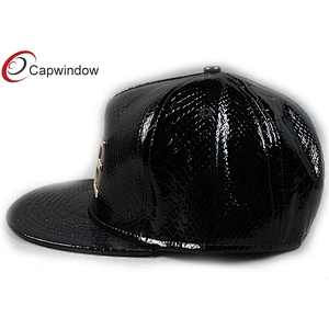 Black Snak Skin Shiny Leather Hip Hop Baseball Caps With Gold Metal Logo