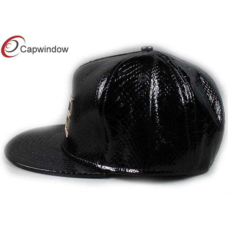 Black Snak Skin Shiny Leather Hip Hop Baseball Caps With Gold Metal Logo