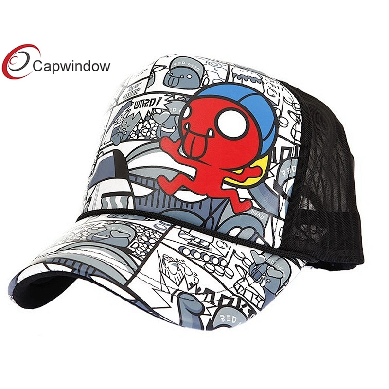 Allover Cartoon Printed Trucker Mesh Caps With A Plastic Double Snap Button Closure
