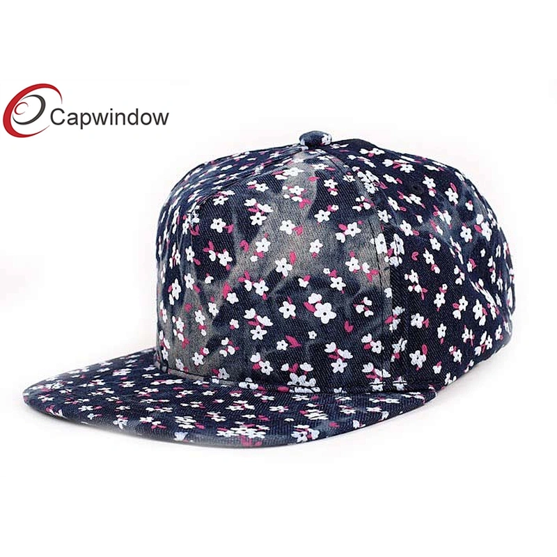 Colored Flower Printing Flat Brim Snapback Hats With Washed Denim Fabric