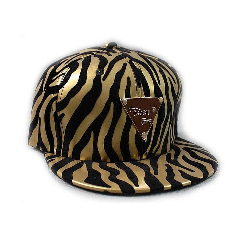 Gold Zebra Pattern Printing Flat Brim Baseball Hats With Gold Matel Logo