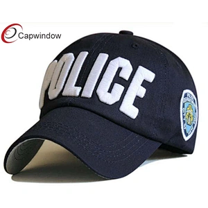 Police 3D Embroidery Cotton Baseball Caps With Woven Label Embroidery On Side