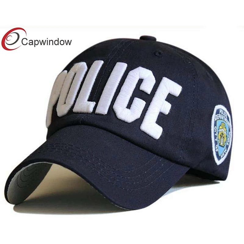 Police 3D Embroidery Cotton Baseball Caps With Woven Label Embroidery On Side