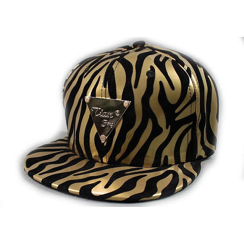 Gold Zebra Pattern Printing Flat Brim Baseball Hats With Gold Matel Logo