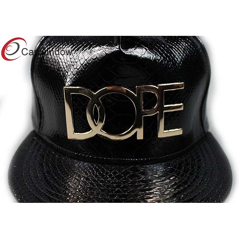 Black Snak Skin Shiny Leather Hip Hop Baseball Caps With Gold Metal Logo