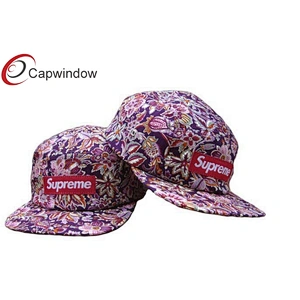 Allover Floral Printed 5 Panel Camper Cap With Woven Label Logo On Front