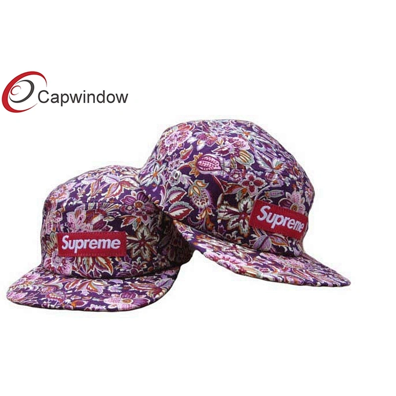 Allover Floral Printed 5 Panel Camper Cap With Woven Label Logo On Front