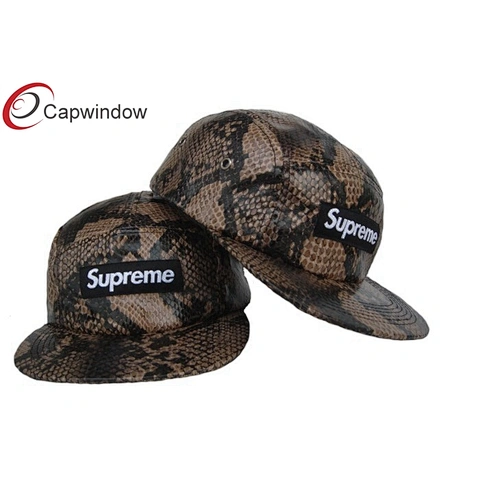 Allover Snakeskin Leather 5 Panel Camper Cap With Woven Label Logo On Front