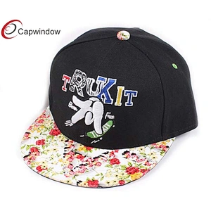 3D Embroidery Snapback Baseball Cap With Allover Printed Flower On Beak