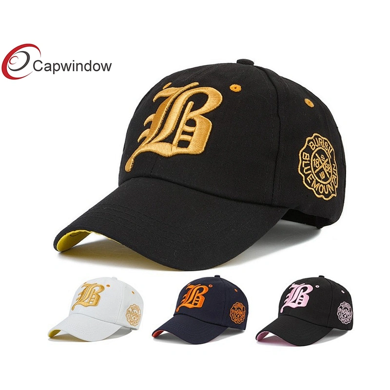 Gold 3D Embroidery Cotton Baseball Caps With Stone Washed Fabric