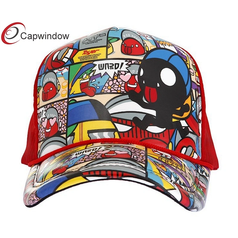 Allover Cartoon Printed Trucker Mesh Caps With A Plastic Double Snap Button Closure
