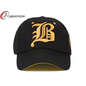 Gold 3D Embroidery Cotton Baseball Caps With Stone Washed Fabric